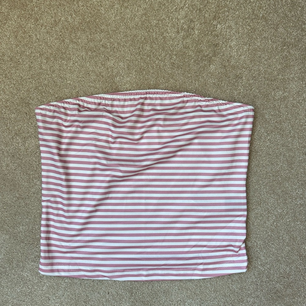 Pink and white striped strapless crop top